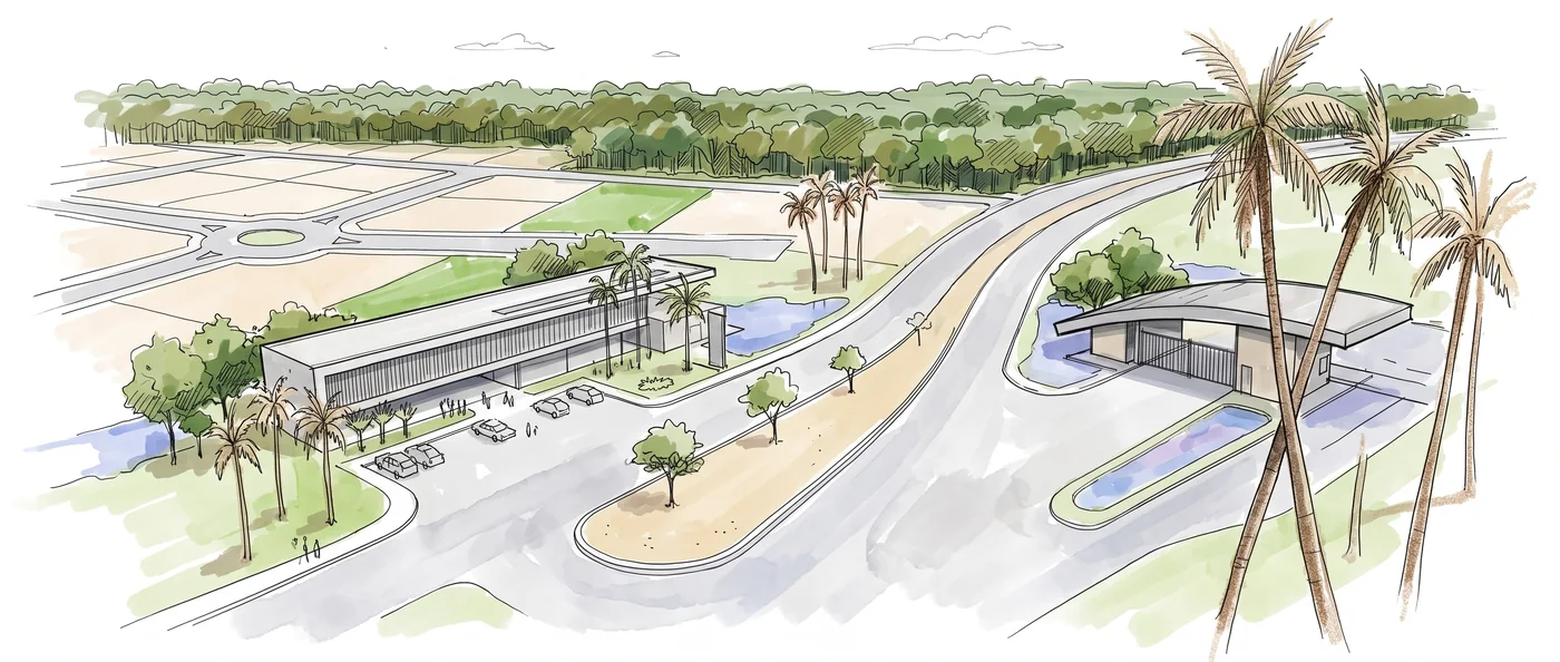 Ilustração em nanquim e aquarela de um empreendimento visto do alto, com edifício horizontal, avenida arborizada e portal de entrada.